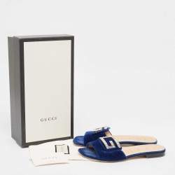 Pre Owned Gucci Blue Velvet Crystal Embellished Flat Slides Size 39