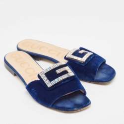 Pre Owned Gucci Blue Velvet Crystal Embellished Flat Slides Size 39