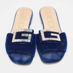 Pre Owned Gucci Blue Velvet Crystal Embellished Flat Slides Size 39