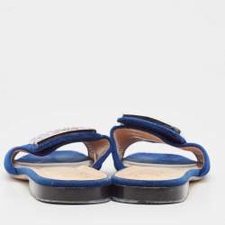 Pre Owned Gucci Blue Velvet Crystal Embellished Flat Slides Size 39