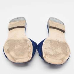 Pre Owned Gucci Blue Velvet Crystal Embellished Flat Slides Size 39