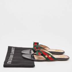 Pre Owned Gucci Red/Green Web Canvas Star Bow Flat Slides Size 37.5