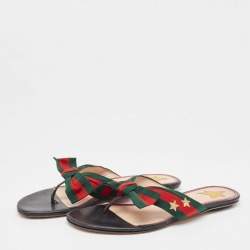 Pre Owned Gucci Red/Green Web Canvas Star Bow Flat Slides Size 37.5