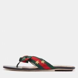 Pre Owned Gucci Red/Green Web Canvas Star Bow Flat Slides Size 37.5