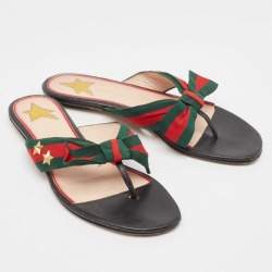 Pre Owned Gucci Red/Green Web Canvas Star Bow Flat Slides Size 37.5