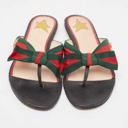 Pre Owned Gucci Red/Green Web Canvas Star Bow Flat Slides Size 37.5