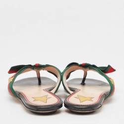 Pre Owned Gucci Red/Green Web Canvas Star Bow Flat Slides Size 37.5