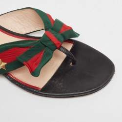 Pre Owned Gucci Red/Green Web Canvas Star Bow Flat Slides Size 37.5