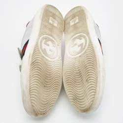 Pre Owned Gucci Silver Leather Ace Web Low Top Sneakers Size 36