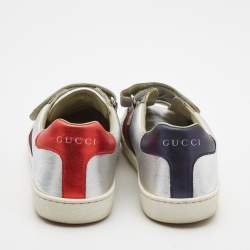 Pre Owned Gucci Silver Leather Ace Web Low Top Sneakers Size 36