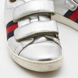 Pre Owned Gucci Silver Leather Ace Web Low Top Sneakers Size 36