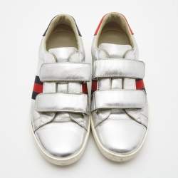 Pre Owned Gucci Silver Leather Ace Web Low Top Sneakers Size 36