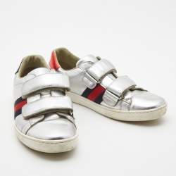Pre Owned Gucci Silver Leather Ace Web Low Top Sneakers Size 36