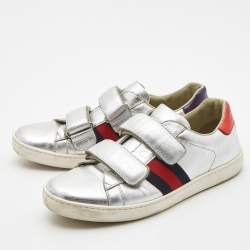 Pre Owned Gucci Silver Leather Ace Web Low Top Sneakers Size 36