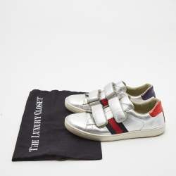 Pre Owned Gucci Silver Leather Ace Web Low Top Sneakers Size 36