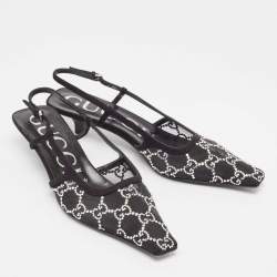مملوكة مسبقًا Gucci Black Mesh and Suede GG Crystal Slingback Pumps Size 36.5