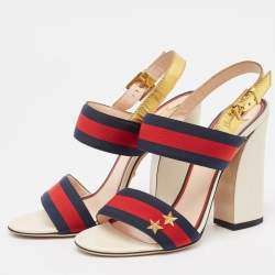 مملوكة مسبقًا Gucci Gold Leather and Grosgrain Web Aline Sandals Size 38