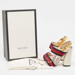 مملوكة مسبقًا Gucci Gold Leather and Grosgrain Web Aline Sandals Size 38