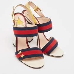 مملوكة مسبقًا Gucci Gold Leather and Grosgrain Web Aline Sandals Size 38