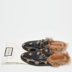 مملوكة مسبقًا Gucci Black Leather and Fur Lined Bee Star Embroidered Horsebit Princetown Flat Mules Size 37