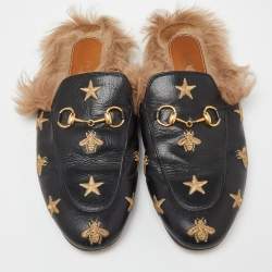 مملوكة مسبقًا Gucci Black Leather and Fur Lined Bee Star Embroidered Horsebit Princetown Flat Mules Size 37