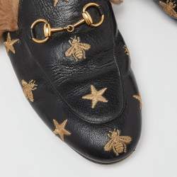 مملوكة مسبقًا Gucci Black Leather and Fur Lined Bee Star Embroidered Horsebit Princetown Flat Mules Size 37