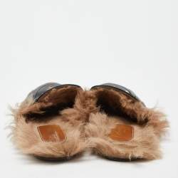 مملوكة مسبقًا Gucci Black Leather and Fur Lined Bee Star Embroidered Horsebit Princetown Flat Mules Size 37
