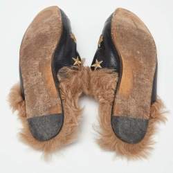 مملوكة مسبقًا Gucci Black Leather and Fur Lined Bee Star Embroidered Horsebit Princetown Flat Mules Size 37