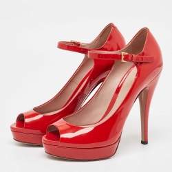 Gucci Red Patent Leather Peep Toe Platform Ankle Strap Pumps Size 39