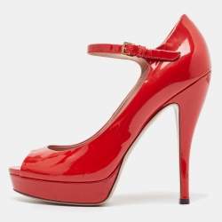 Gucci Red Patent Leather Peep Toe Platform Ankle Strap Pumps Size 39