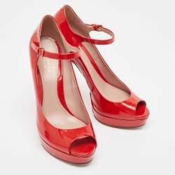 Gucci Red Patent Leather Peep Toe Platform Ankle Strap Pumps Size 39