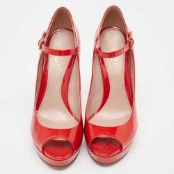 Gucci Red Patent Leather Peep Toe Platform Ankle Strap Pumps Size 39