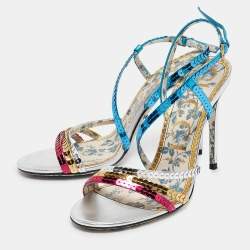 Gucci Multicolor Sequins and Leather Strappy Sandals Size 38.5