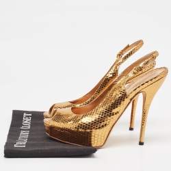 Pre Owned Gucci Metallic Embossed Snakeskin Sofia Peep Toe Singback Pumps Size 37.5