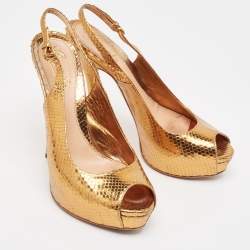 Pre Owned Gucci Metallic Embossed Snakeskin Sofia Peep Toe Singback Pumps Size 37.5