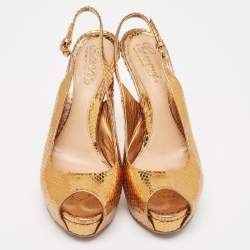 Pre Owned Gucci Metallic Embossed Snakeskin Sofia Peep Toe Singback Pumps Size 37.5