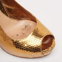 Pre Owned Gucci Metallic Embossed Snakeskin Sofia Peep Toe Singback Pumps Size 37.5