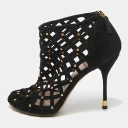 Pre Owned Gucci Black Suede Cut Out Studded Ankle Booties Size 35.5