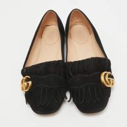 Pre Owned Gucci Black Suede Fringe Trim Accent Ballet Flats Size 38.5