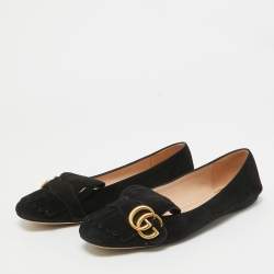 Pre Owned Gucci Black Suede Fringe Trim Accent Ballet Flats Size 38.5