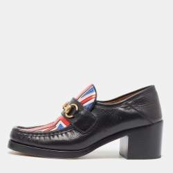 Pre Owned Gucci Black Leather Union Jack Horsebit Loafer Pumps Size 37