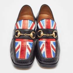 Pre Owned Gucci Black Leather Union Jack Horsebit Loafer Pumps Size 37