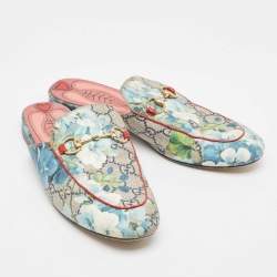 Gucci Blue GG Supreme Canvas Blooms Horsebit Flat Mules Size 37