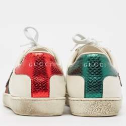 Gucci White Leather and Snakeskin Ace Sneakers Size 38