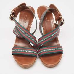 Gucci Tricolor Leather and Zip Web Canvas Ankle Wrap Sandals Size 39.5