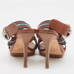 Gucci Tricolor Leather and Zip Web Canvas Ankle Wrap Sandals Size 39.5