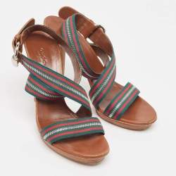 Gucci Tricolor Leather and Zip Web Canvas Ankle Wrap Sandals Size 39.5