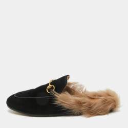 Gucci Black Velvet and Fur Lined Princetown Flat Mules Size 36.5