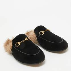 Gucci Black Velvet and Fur Lined Princetown Flat Mules Size 36.5