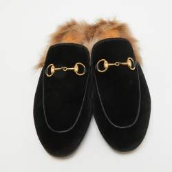 Gucci Black Velvet and Fur Lined Princetown Flat Mules Size 36.5